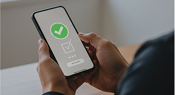 Celular com símbolo de concluído na tela