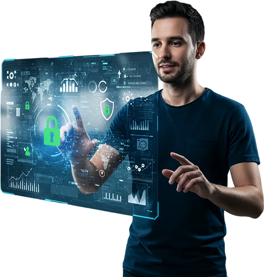 Homem mexendo em tela holográfica