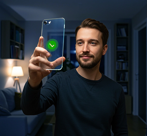 Homem olhando para tela de celular holográfico